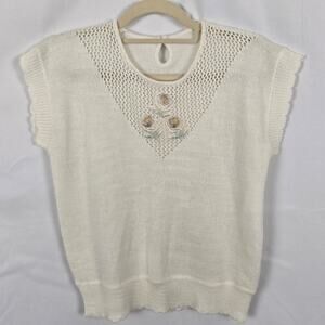 Vintage Y2K White Knit Sleeveless Top Sz S Ivory Floral Embroidered Cottagecore
